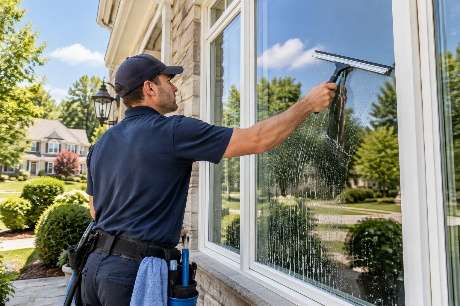 Window cleaner washing a large residential window with a squeegee